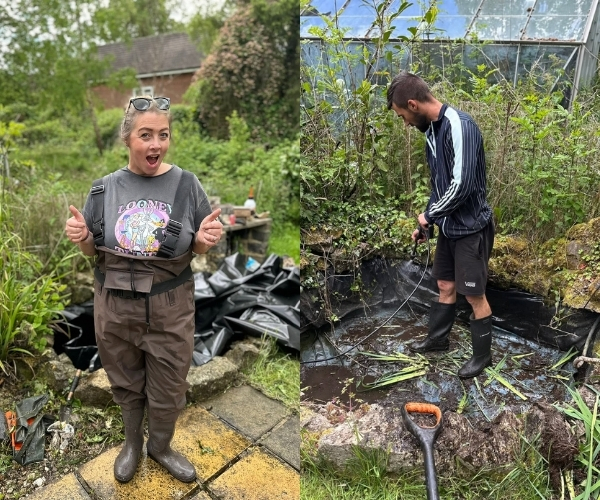 Morris Movers team member giving a thumbs-up during an overgrown garden clearance project in Thanet.