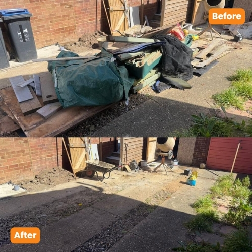 Before-and-after view of garden waste, timber and unwanted items removed to leave a clean outdoor area in Thanet.
