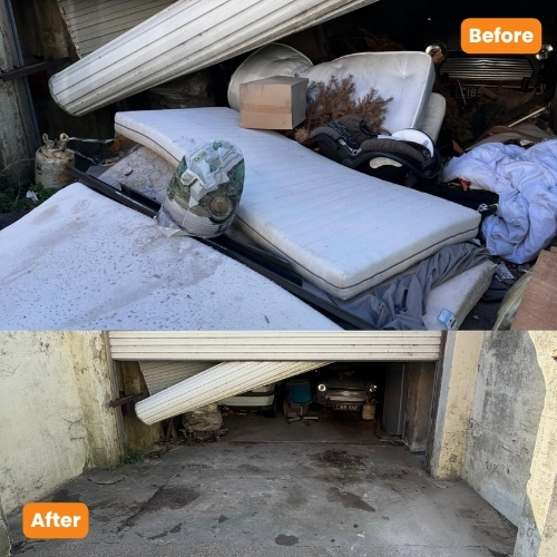 Before-and-after view of a garage filled with mattresses and household waste, then cleared by Morris Movers in Thanet.