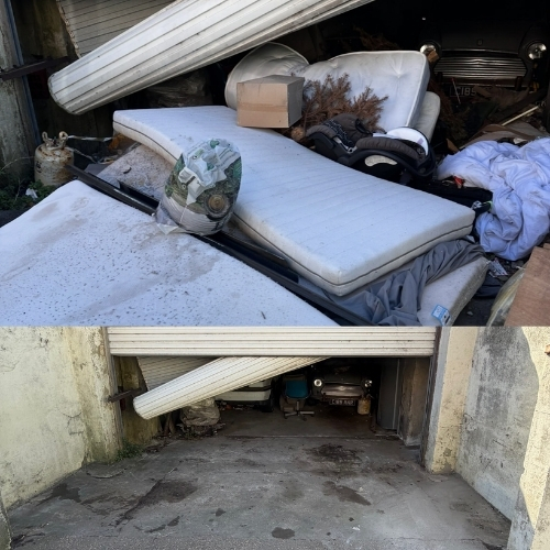 Before-and-after view of a cluttered garage filled with mattresses and unwanted items, then cleared by Morris Movers in Thanet.