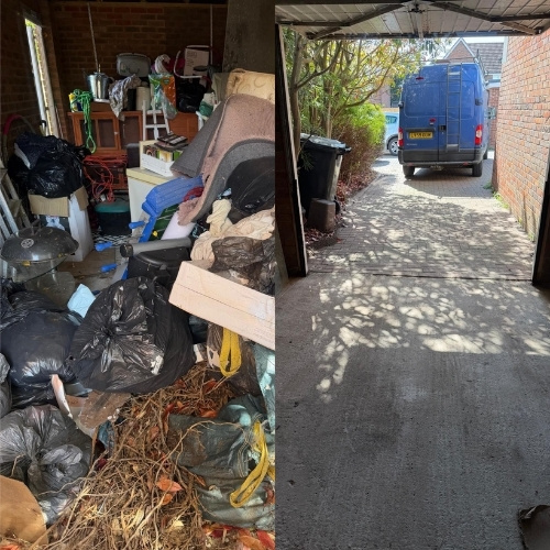 Before-and-after view of a cluttered garage cleared of unwanted furniture, rubbish and garden waste by Morris Movers in Thanet.